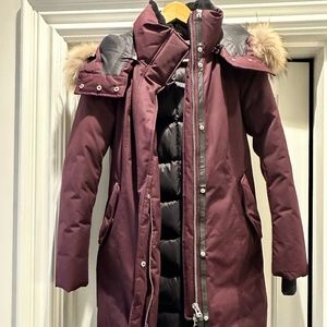 Woman's Maroon Mackage Long Winter Parka Coat with Fur-lined Hood